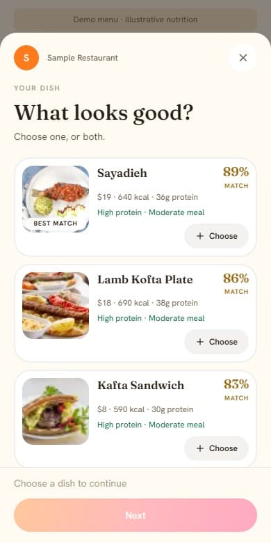 Matches that fit: a screen from the sample menu