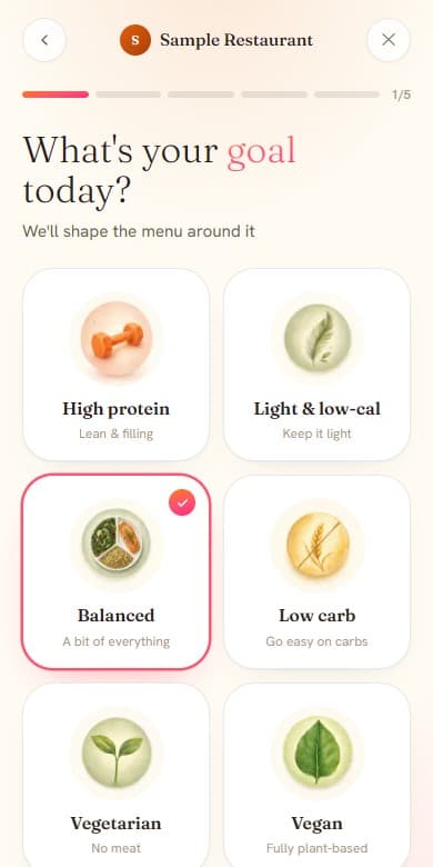 Build my order: a screen from the sample menu